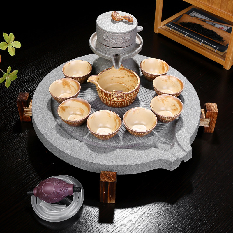 Retro Stone Grinding Round Tea Tray Full Semiautomatic Tea Set Group Purple Sand Kutian Tea Cup Home Sloth Rotary Tea Maker