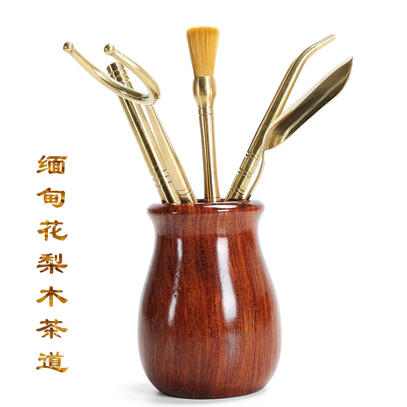 Myanmar Flowers Pear Wood Tea Road Six Gentlemen Solid Wood Tea Barrel Copper Tea Spoon Tea Clip Tea Needle Kung Fu Spare Parts Tea Accessories