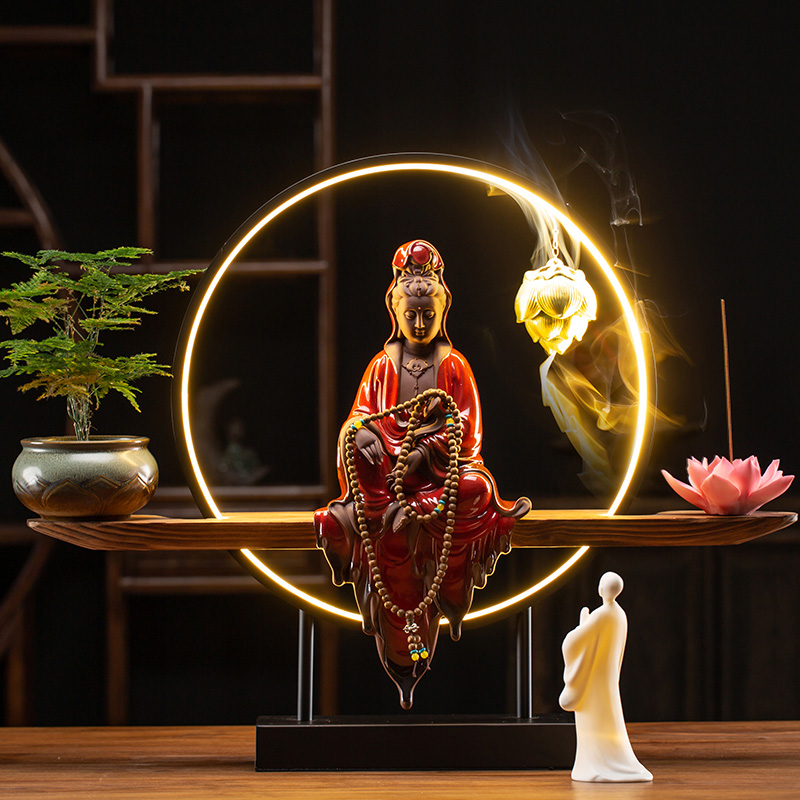 Shou Tao Man large lamp circle Guanyin Bodhisattva Buddha statue ornaments creative incense burner Chinese Zen living room porch decoration