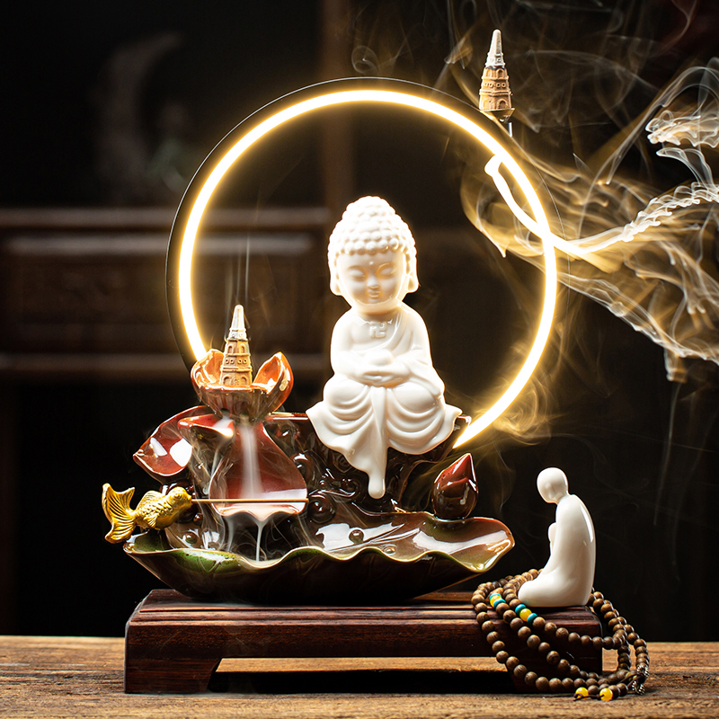 Shou Taoren New Chinese Zen LED Lamps White Porcelain Buddha Statue Ornament Creative Backflow Incense Living Room Entrance Decoration