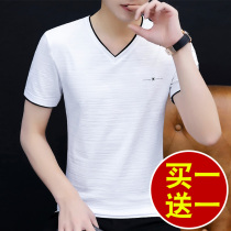 Casual short sleeve T-shirt men 2021 new summer cotton V collar Ice Silk trend fake two pieces of clothes body shirt