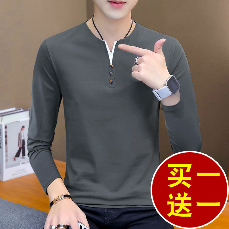 Men's long sleeve t shirt 2023 new winter trend sweater small v collar casual clothes for pure cotton men's coat