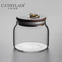 Cathyladi glass sealed tea pot household small portable tea storage tank wooden cover tea bin transparent tank