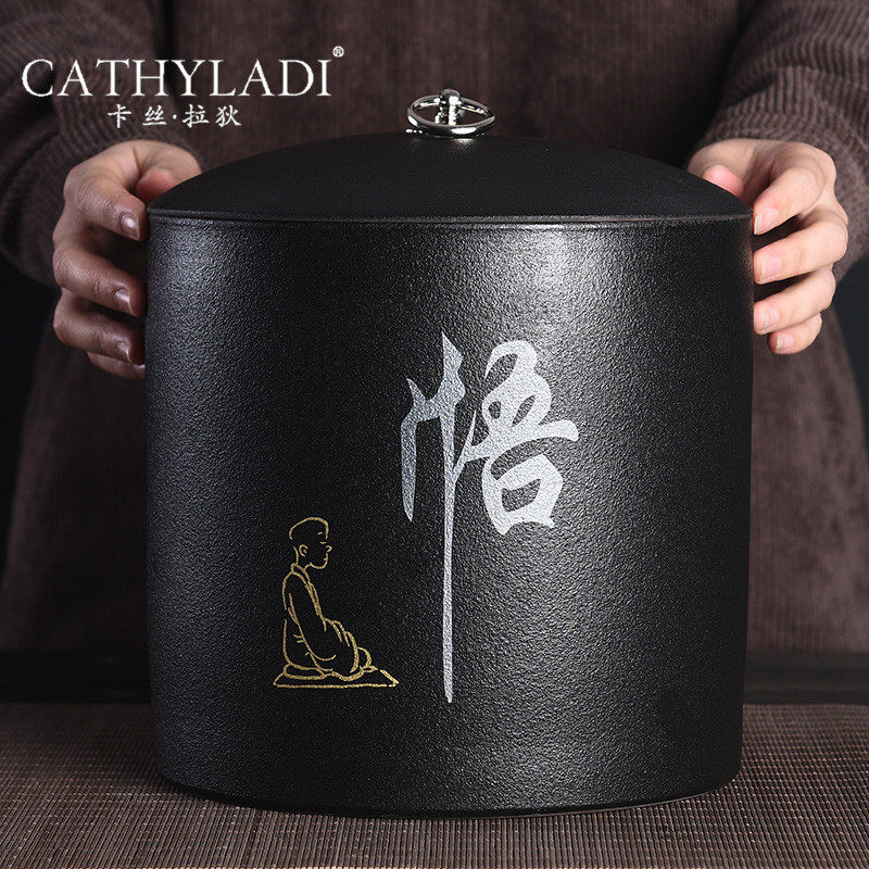 Cathyladi Chinese black pottery Puer large ceramic tea pot Household storage box Sealed tea storage warehouse Wake up tea