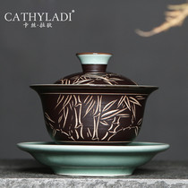 Cathyladi Chinese ceramic three-style bowl home hand-carved thickened high temperature resistant large kung fu tea set
