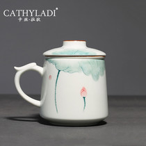Cathyladi large capacity ceramic hand painted tea cup office with cover water cup can filter illustration wind mug