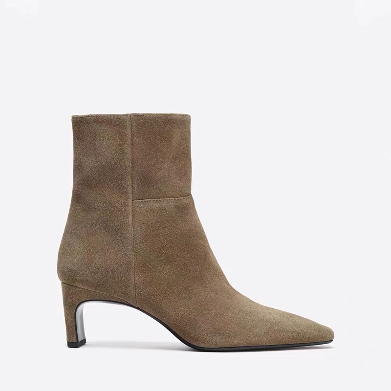 Za2026 Autumn and Winter New Women's Shoes Brown Pointed Toe High Heel Short Boots Stiletto Heel Side Zipper Suede Leather Slimming Fashion Boots Za2026 Autumn and Winter New Women's Shoes Brown Pointed Toe High Heel Short Boots Stiletto Heel Side Zipper Suede Leather Slimming Fashion Boots
