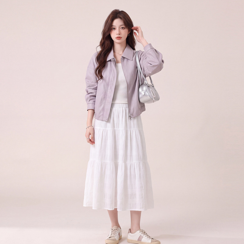 Purple Simple and Elegant Korean-Style Pu Leather Lapel Jacket for Women, 2026 Autumn New Relaxed Design Fashion Jacket