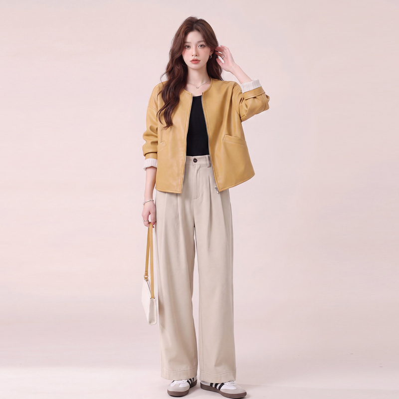 Yellow High-End Stylish Pu Leather Jacket for Petite Women, 2026 Autumn New Model, Simple and Fashionable, Slim-Fit Jacket Yellow High-End Stylish Pu Leather Jacket for Petite Women, 2026 Autumn New Model, Simple and Fashionable, Slim-Fit Jacket