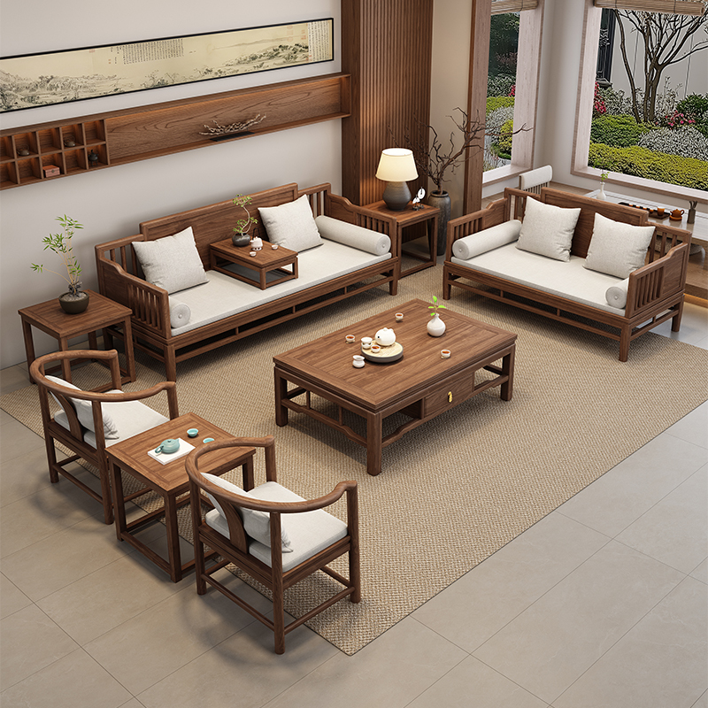 New Chinese-Style Walnut Solid Wood Sofa for Living Room, 2026 New Model, Simple Zen-Inspired Song-Style Aesthetics Living Room Furniture New Chinese-Style Walnut Solid Wood Sofa for Living Room, 2026 New Model, Simple Zen-Inspired Song-Style Aesthetics Living Room Furniture