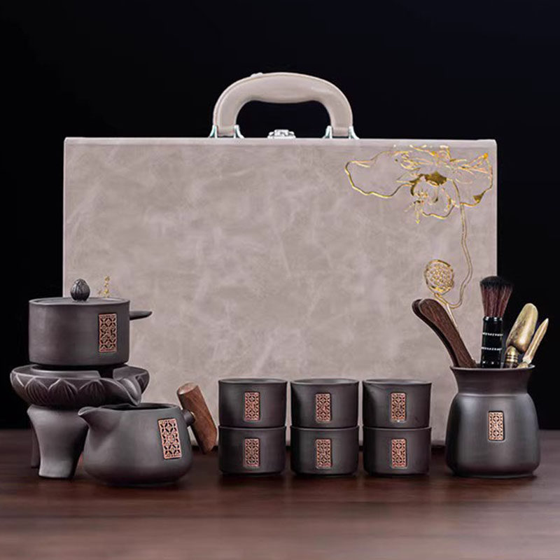 Purple Clay Lazy Tea Set for Home Use, Stone Grinding Rotating Automatic Tea Brewing Pot, Kung Fu Teapot, Tea Cup Gift Box Set for Gifting