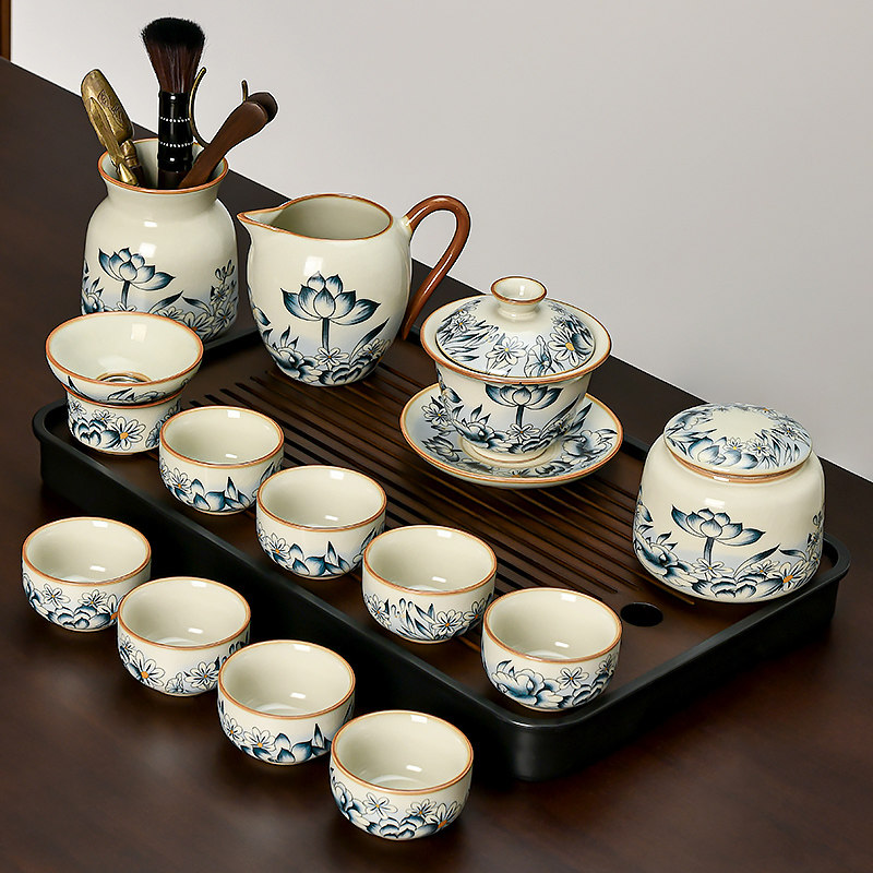 Ruyao Tea Set 2025 New Model for Home Use, High-End Ruyao Porcelain Ceramic Kung Fu Teapot and Teacup Set for Making and Drinking Tea