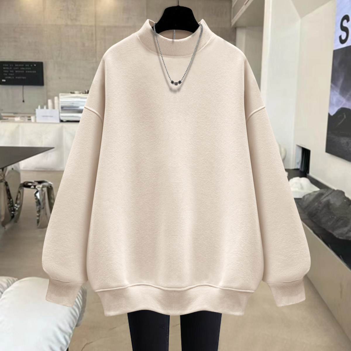 レディース ハーフハイネック フリース裏地付きスウェットシャツ、ゆったりフィット、2026年秋冬新作 韓国風 無地 おしゃれ レイジースタイル ミドル丈トップス