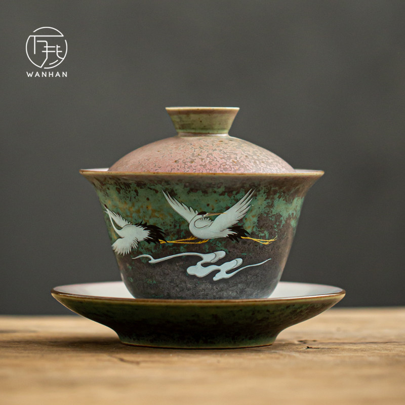 Tea cover Bowl Tea Cup kung fu tea three talent cover Bowl single tea bowl with lid ceramic retro tea cup anti-Hot large