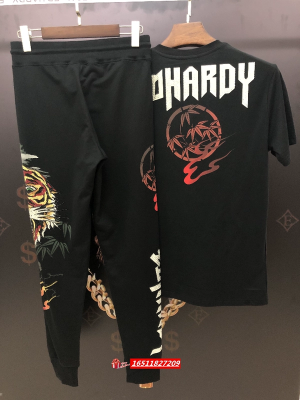 ED Ed Hardy mới in nóng khoan đầu hổ đầu bông nửa tay ngắn tay áo phông quần tây thường quần tây phù hợp với - Bộ đồ