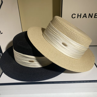 金属标褶皱草帽夏新款平顶帽女平沿复古大檐帽英伦防晒度假遮阳帽