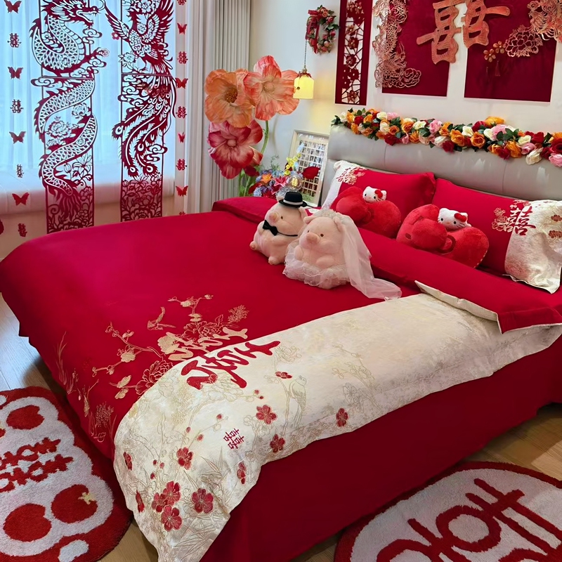 Xiaohongshu's Popular Wedding Four-Piece Set: Red Bed Sheet, Duvet Cover, Wedding Bed, Festive Quilt, Newlywed Celebration, Wedding Bedding
