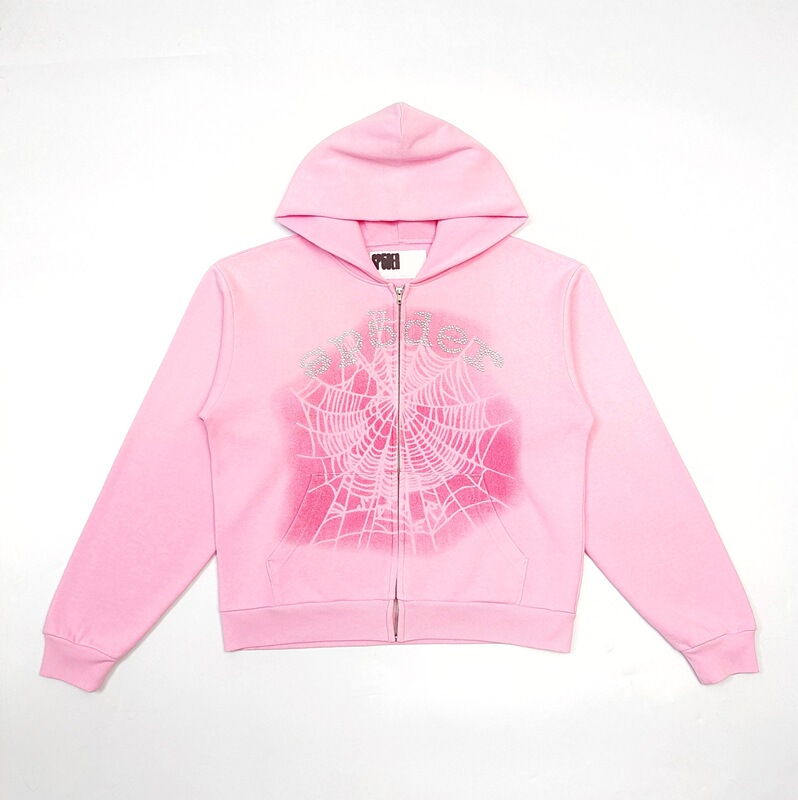 Sp5Der Red Shadow Mesh Rhinestone Letter Print Sweatshirt Hoodie Casual Zip-Up Cardigan