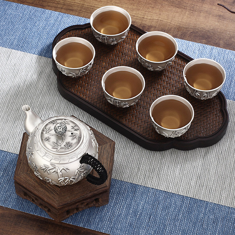 Bamboo newspaper safe silver pot sterling silver 999 tea pot set set home kung fu handmade foot silver tea set kettle bubble teapot