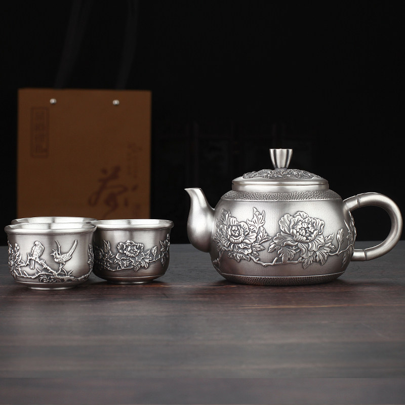 Flowers bloom and silver 999 kung fu tea set pure silver pinch teapot cup hand filament silver pot gift