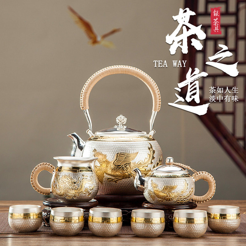 Silver pot, sterling silver 999 kettle, dragon and phoenix gilt tea making household kettle, pure handmade silver pot - Taobao