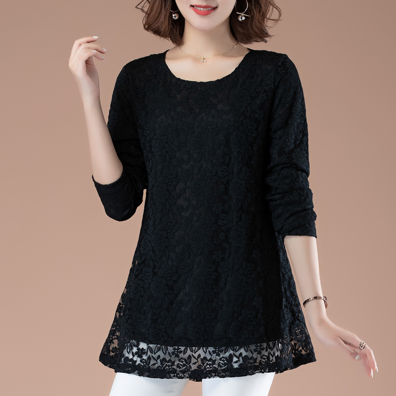 Plus Size, Extra Thick, Lace Base Shirt for Women, Mid-Length, Autumn and Winter, Middle-Aged Mom, Loose and Stylish Top