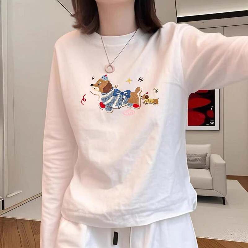 White Pure Cotton Long-Sleeve T-Shirt for Women, Stylish Design, Slimming, Covers Body Flaws, Fashionable Top, Autumn Wear, Can Be Worn Outside