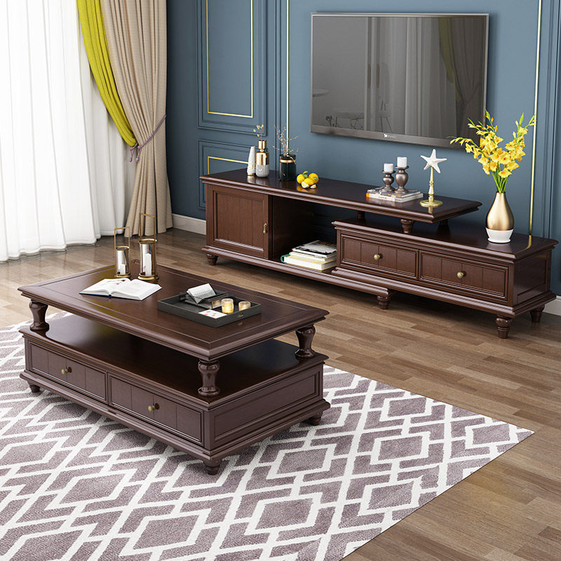 American solid wood TV cabinet tea table combination suit telescopic modern minimalist light and luxurious small family-style living room furniture