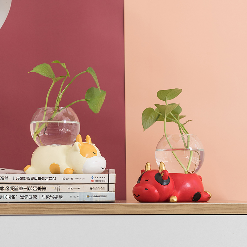 Creative Cute Buffalo Hydroponic Gold Gvase Glass Transparent Utensil Water Pedding-pot Living-pot Living-room Adornment Small Pendulum Pieces