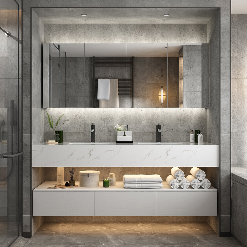 Custom Smart Bath Room Cabinet Combination Nordic Washout Bench Bath Cabinet Double Trough Washbasin Artificial Marble Countertop Washbasin Cabinet