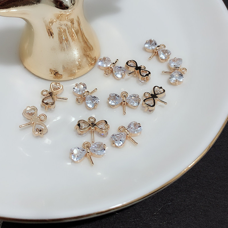14k gold-plated copper, slightly inlaid zircon, fresh and simple bow pendant head, pearl empty stand pendant diy accessory pic 2