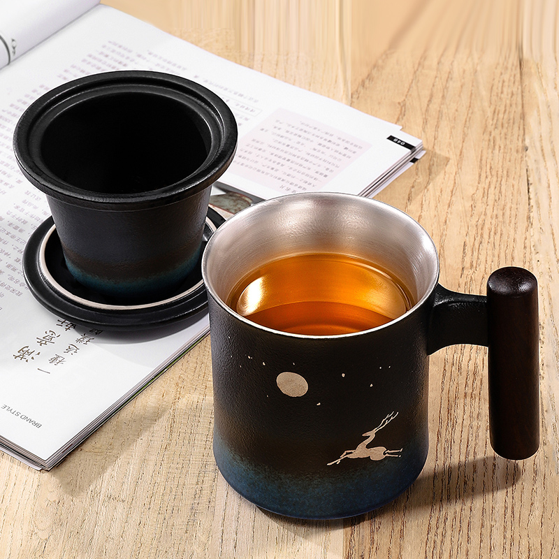 Gift 999 sterling silver tea cup ceramic water cup personal office cup sent to the leader boss cup with lid filtration customization