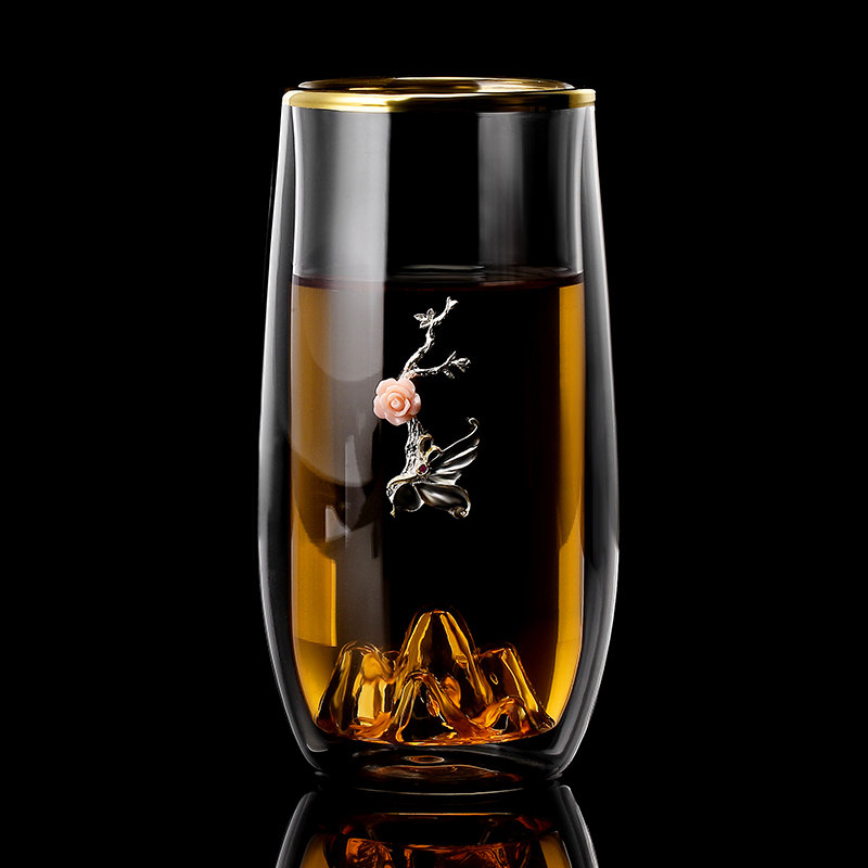 Silver double layer home glass sterling silver bubble flower tea drinking cup milk juice creative insulation anti-scalding green tea cup