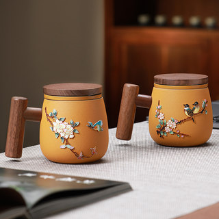 Cloisonné Coarse Pottery Filigree Tea Cup with Wooden Lid, Personal Tea-Water Separation Cup for Home and Office Use