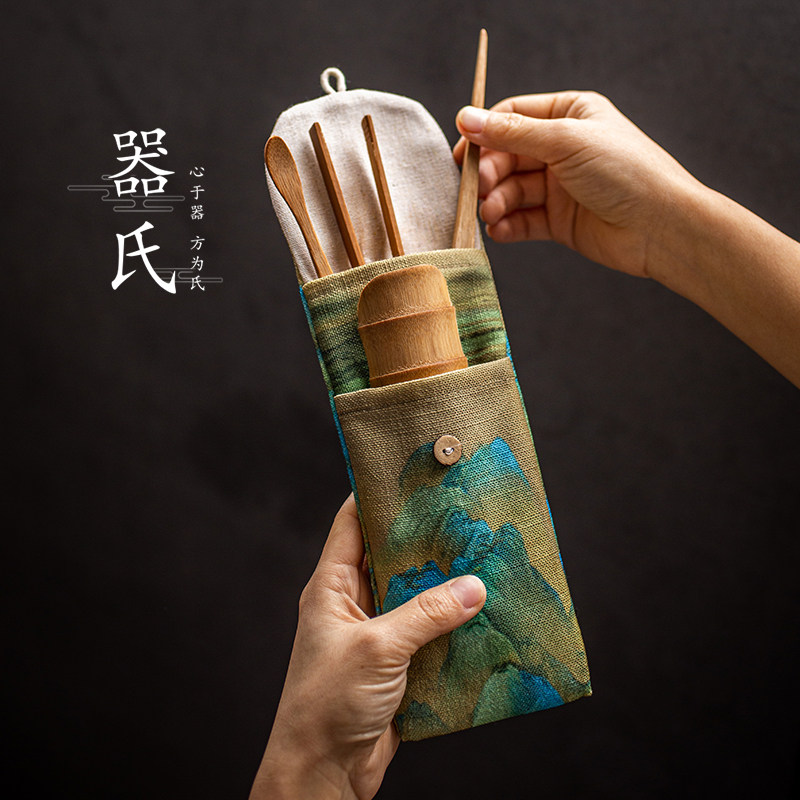 Cotton linen bag tea ceremony three-piece set Japanese six gentlemen tea needle Tea clip Tea set Bamboo tea set accessories