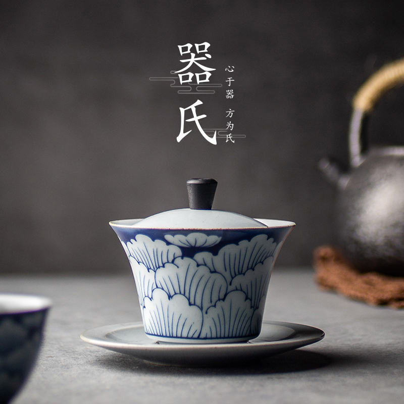 Instrumental Ceramics Kung Fu Tea Tea Tea Tea Tea Cup Big Number Tea Maker HOME GREEN FLOWERS THREE-ONLY BOWL TEA BOWL HAND GRIP POT