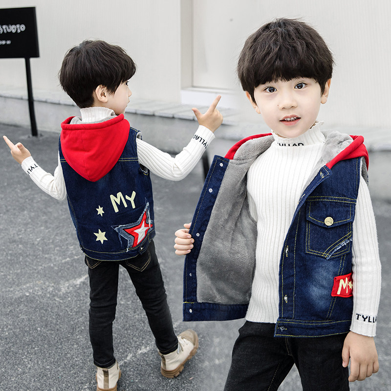 Boys fleece denim vest winter baby cotton vest autumn and winter vest Western style outer wear fleece children's vest