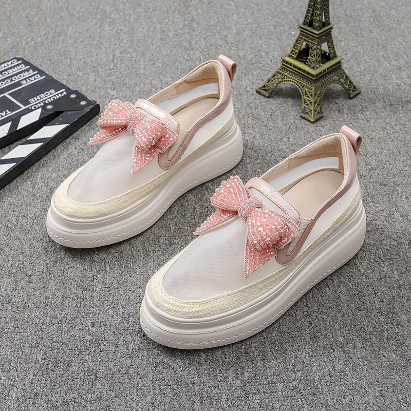 European station 2022 spring and summer new leather bow thick-soled muffin shoes women's rhinestone mesh yarn breathable hemp rope shoes