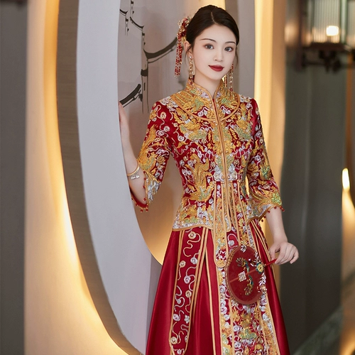 Традиционный свадебный наряд Сюхэ для невесты, летнее свадебное платье, дракон и феникс