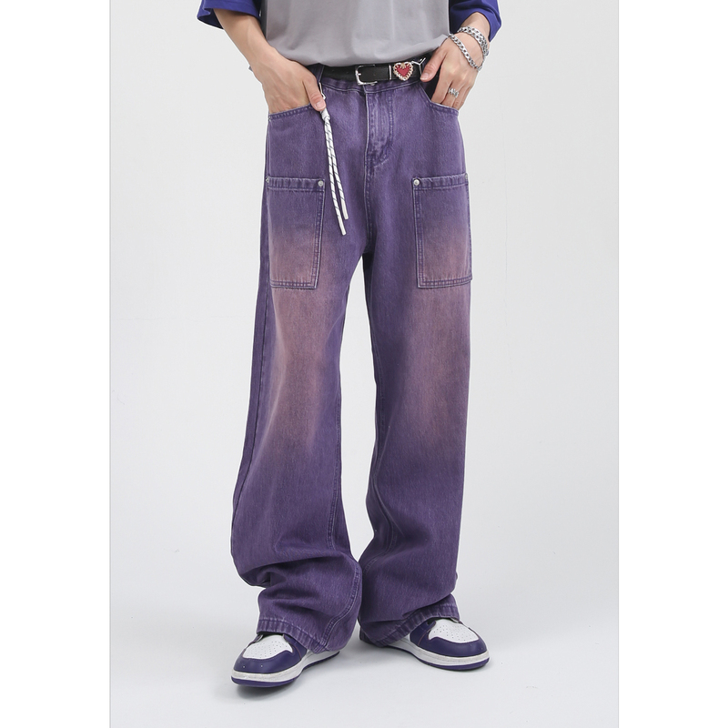 Voguo Relay Korean Version Original New Design Loose Straight Purple Jeans Unisex Wide-Leg Pants