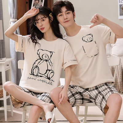 情侣睡衣女夏季纯棉两件套短袖短裤男女士卡通薄款性感家居服套装