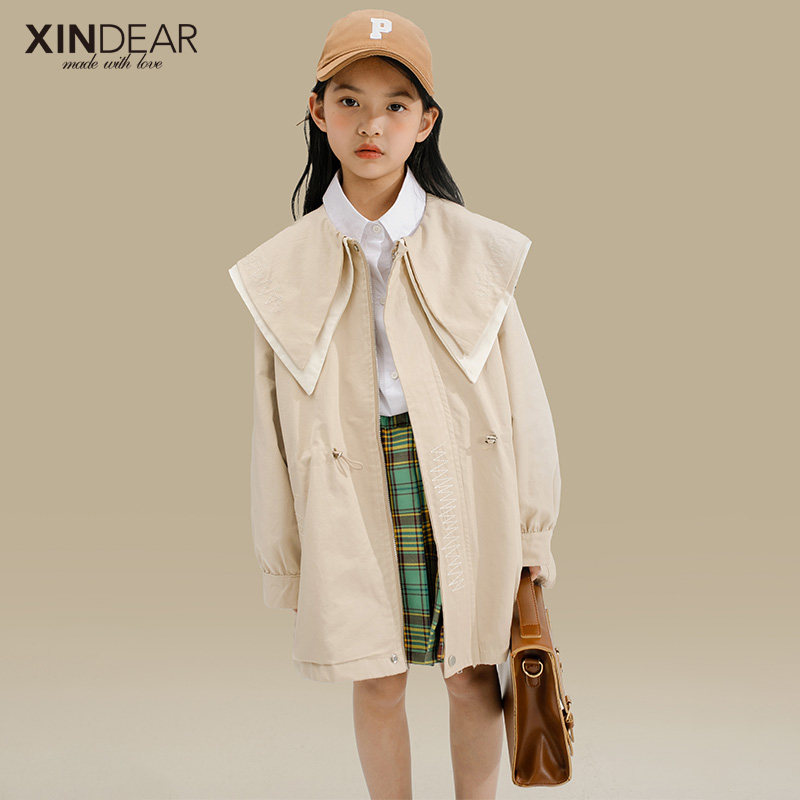 Girl's medium long version of the wind coat jacket 2022 Spring autumn new college collar blouse cotton fabric CUHK Tong pure color Korean version