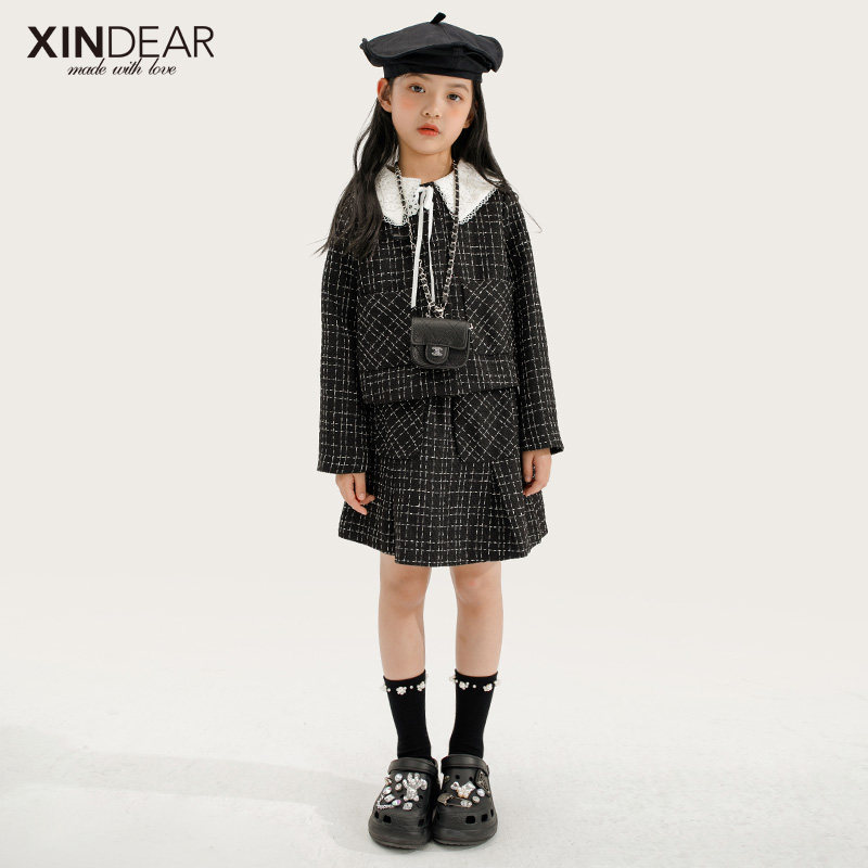 Girl's spring expected plaid flower Suit girl Spring autumn dress Two sets CUHK Scout jacket half-body dress mix