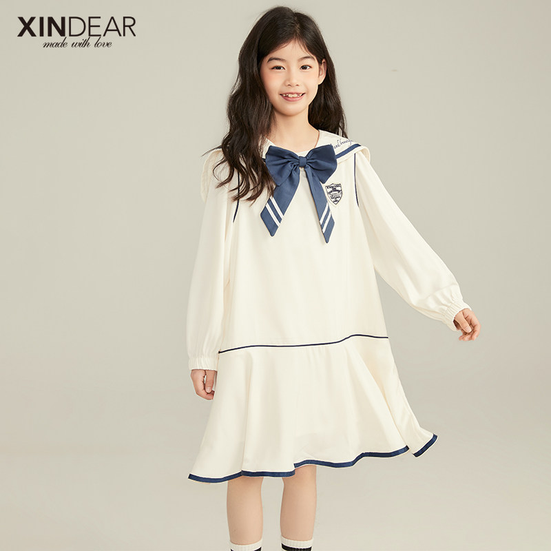 Girls College Wind Dress Spring New 2022 Children's Korean version of pure color Spring and autumn long sleeve dress headsets