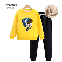 Boys and velvet sets childrens winter clothes 2021 new childrens leisure sports two-piece set of medium and large children warm clothes tide