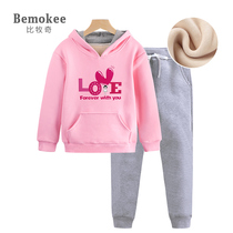 Girl hooded sweater plus velvet suit 2021 Winter new girl childrens middle and big child foreign style warm tide clothes