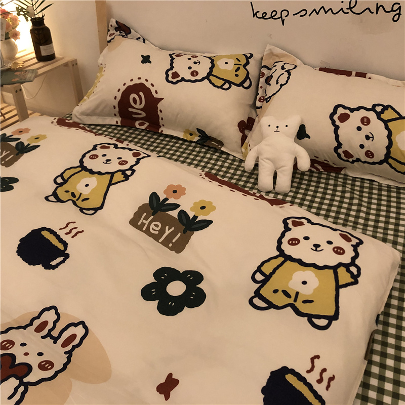 ins wind cartoon small frescoed four sets of bed bedding Cubs Bear Bear Day Style Brief Cute 1 5m quilt cover sheet