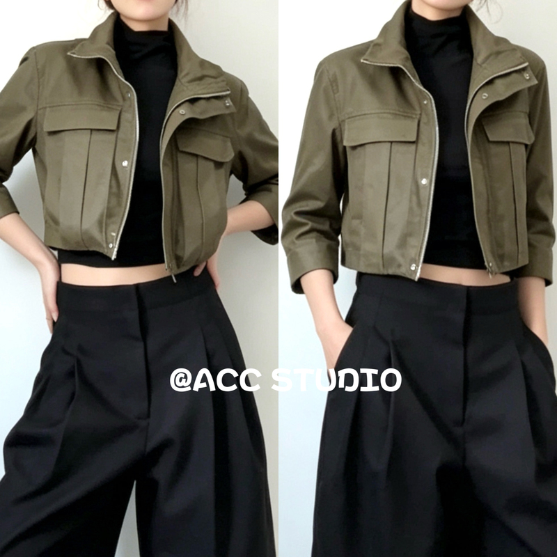 Acc in Stock｜Oil Wax Coating Stand Collar Workwear Patch Pocket Three-Quarter Sleeve Short Jacket