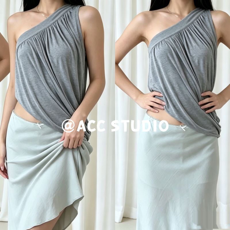 Acc Now | Zhan Zhan's Same Style Acetate Soft Flow Off-Shoulder Draped Top, Floral Gray, Navy Blue/Black Acc Now | Zhan Zhan's Same Style Acetate Soft Flow Off-Shoulder Draped Top, Floral Gray, Navy Blue/Black