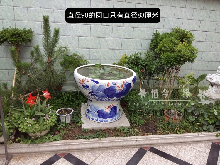 Heavy aquarium fish basin ground blue jingdezhen ceramic cylinder vertical is suing large lotus garden water lily